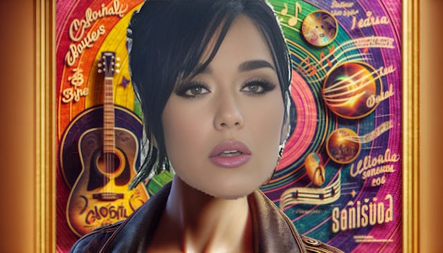 Katy Perry, a confident mid-30s woman with fair skin and a slim body type, is looking directly into the camera with a vibrant and colorful background. She exudes charisma and style, representing her Californian upbringing and musical career. The image showcases her passion for music, featuring elements like a guitar and musical notes. With a forward-facing gaze, Katy Perry captivates with her energy, ambition, and artistic expression.