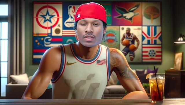 Duke Dennis in a basketball jersey with gaming and military elements in the background, proudly looking forward with tattoos slightly visible, and a glass of sweet tea reflecting his Southern heritage.