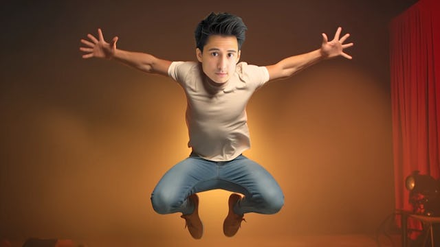 Julien Bam standing in a film studio jumping in the air doing a ninja pose