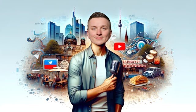 Aaron Troschke, sporting a bald head and casual attire, stands confidently before the Berlin skyline interspersed with entrepreneurship and YouTube symbols.