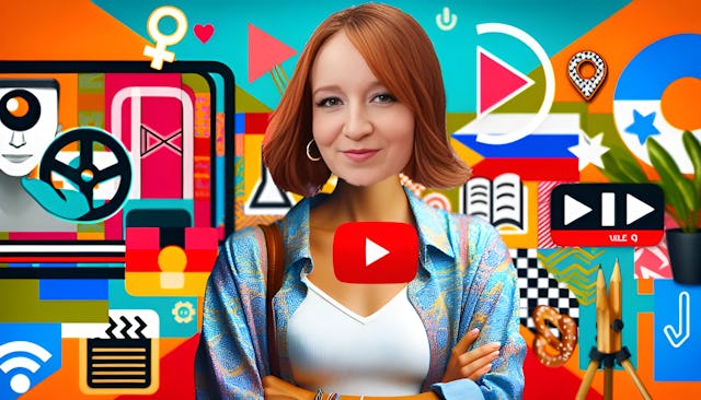 Mirella Precek, a slim-bodied woman with fair skin, looking directly at the camera with a slight smile. The background is vibrant and bold, representing her diverse content. Symbols of her career, such as a YouTube play button and a book, are scattered in the background. She is dressed in trendy fashion, showcasing her personal style. The setting includes elements that represent her German-Czech heritage. High-resolution image of Mirella Precek.