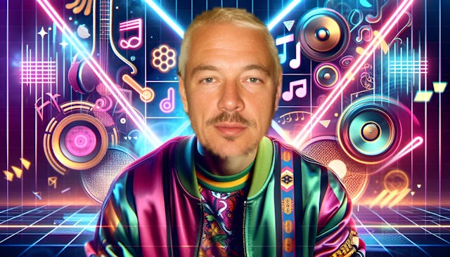 Diplo, a dynamic DJ with a bald head, exuding confidence amid a vibrant backdrop of neon lights and musical symbols. He wears distinctive streetwear, showcasing his individuality. The high-resolution image reflects Diplo's passion for music and his diverse artistic style.