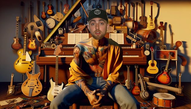 Mac Miller (Malcolm James McCormick) depicted in an artistic environment surrounded by musical instruments and symbolic tattoos, showcasing his passion for music and creativity.