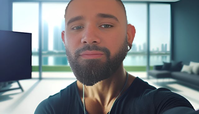 Skrillex, a male with a bald head and short beard, looking directly into the camera with a confident expression. He is wearing a dark top and earrings, standing against a backdrop of a bright room with a window showing a scenic view of a water body. The image is high-resolution and vibrant.
