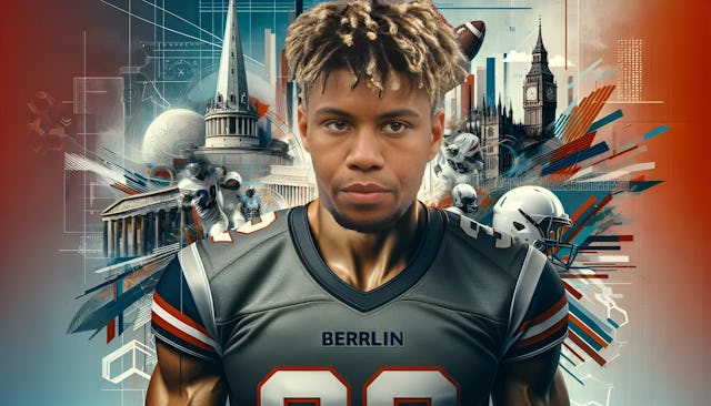 Sidney Friede in football attire, confidently looking at the camera with Berlin and New York City imagery in the background.