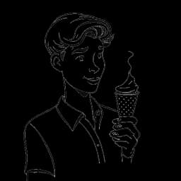 Dibujo de arte lineal de un joven que representa a Sean Kaufman imitando a Donald Duck mientras sostiene un cono de helado de pistacho, enmarcado en un fondo blanco.