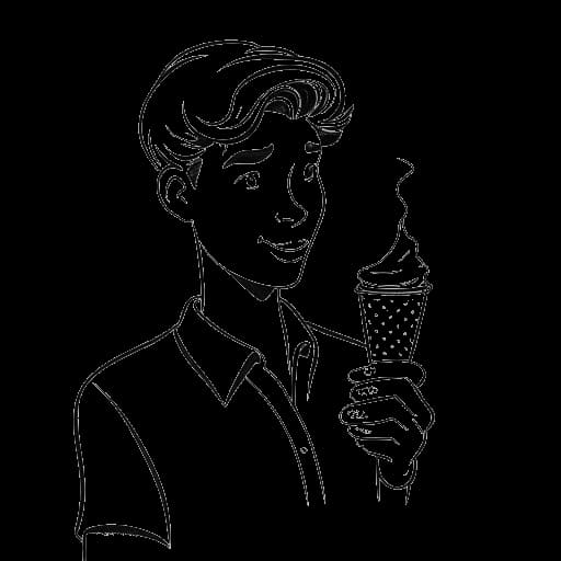 Dibujo de arte lineal de un joven que representa a Sean Kaufman imitando a Donald Duck mientras sostiene un cono de helado de pistacho, enmarcado en un fondo blanco.