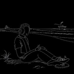 Dibujo de arte lineal de un hombre, que representa a Sean Kaufman, relajándose en una playa al atardecer con auriculares, escuchando música e imitando a Donald Duck, enmarcado en un fondo blanco.
