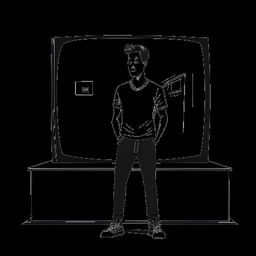 Disegno in stile line art di un uomo, raffigurante Sean Kaufman, in posa da attore; dietro di lui è visibile uno schermo TV con un logo di prime video e un premio per l'interpretazione, con modesti simboli di dollaro che indicano il suo patrimonio netto.