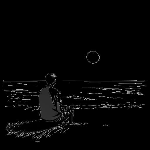 Disegno in arte lineare di un uomo che si rilassa sulla spiaggia, guardando il tramonto, rappresentando l'amore di Sean Kaufman per le serate in spiaggia