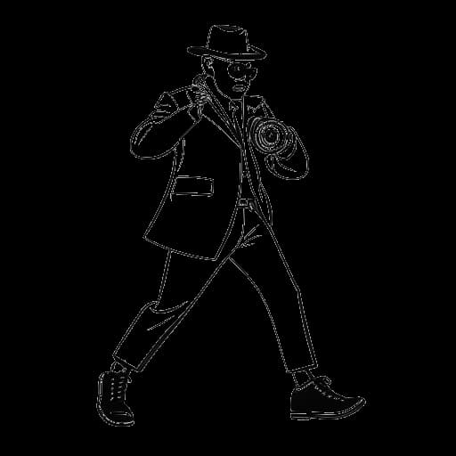 Disegno in arte lineare di un uomo in costume da spia e scarpe da jogging, con in mano dei binocoli, che rappresenta il ruolo di debutto di Sean Kaufman come Spy Jogger