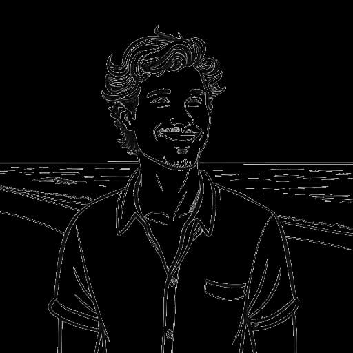 Disegno in arte lineare di un uomo che rappresenta Sean Kaufman come Steven, con capelli mossi e un sorriso caloroso, in piedi su una spiaggia al tramonto