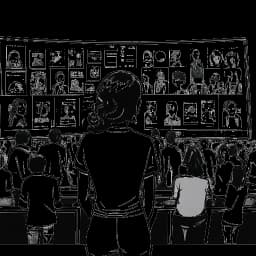 Line art drawing of a woman, representing Iilluminaughtii (Blair Zon), standing in front of screens showing diverse content. In the background, a crowd of varied individuals symbolizes a global and diverse audience, against a white backdrop.