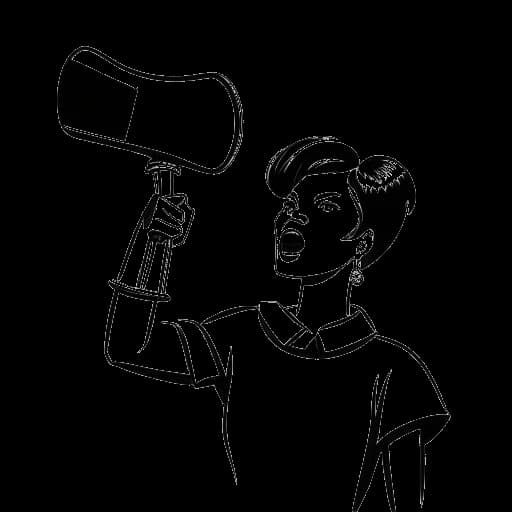 Dibujo de línea de una mujer, representando a Iilluminaughtii (Blair Zon), sosteniendo un megáfono y una pancarta, en un fondo blanco