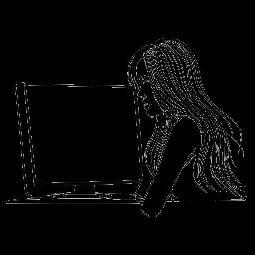 Dibujo de línea de una mujer, representando a Iilluminaughtii (Blair Zon), escondiéndose detrás de una pantalla de computadora, en un fondo blanco
