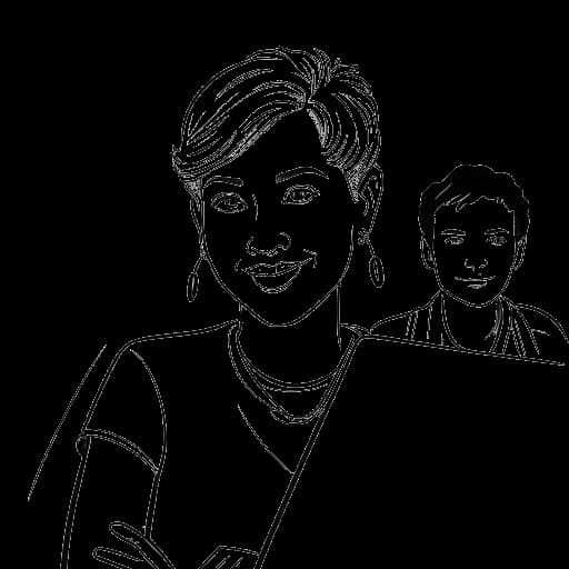 Dibujo de línea de una mujer, representando a Iilluminaughtii (Blair Zon), trabajando junto a otros YouTubers en un proyecto de video, en un fondo blanco