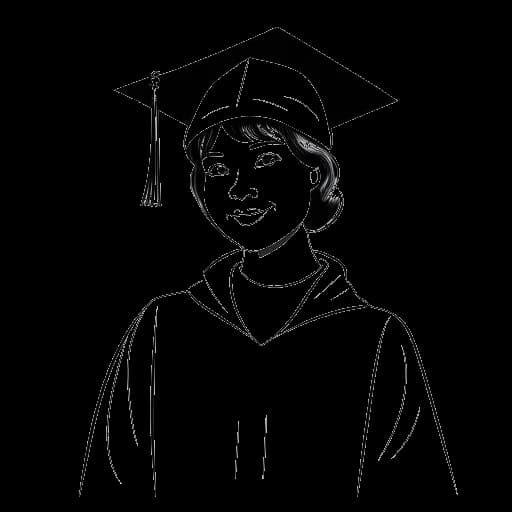 Dibujo de línea de una mujer, representando a Iilluminaughtii (Blair Zon), con toga y birrete de graduación, sosteniendo un diploma, en un fondo blanco