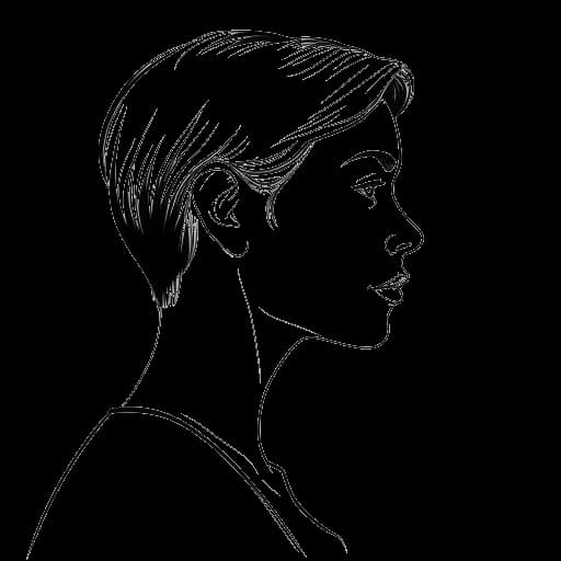 Dibujo de línea de una mujer, representando a Iilluminaughtii (Blair Zon), mirando hacia su yo pasado, con una expresión determinada, en un fondo blanco