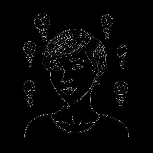 Dibujo de línea de una mujer, representando a Iilluminaughtii (Blair Zon), rodeada de bombillas, representando ideas, en un fondo blanco