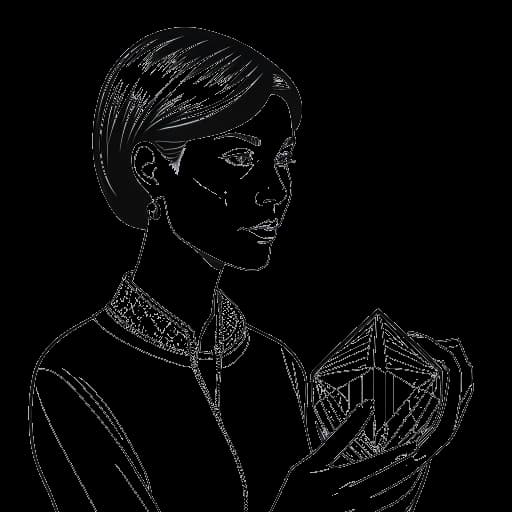 Dibujo de línea de una mujer, representando a Iilluminaughtii (Blair Zon), sosteniendo un prisma, con una escena histórica visible a través del prisma, en un fondo blanco