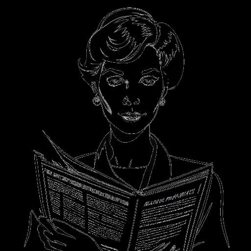 Dibujo de línea de una mujer, representando a Iilluminaughtii (Blair Zon), sosteniendo un periódico con su imagen en la portada, en un fondo blanco