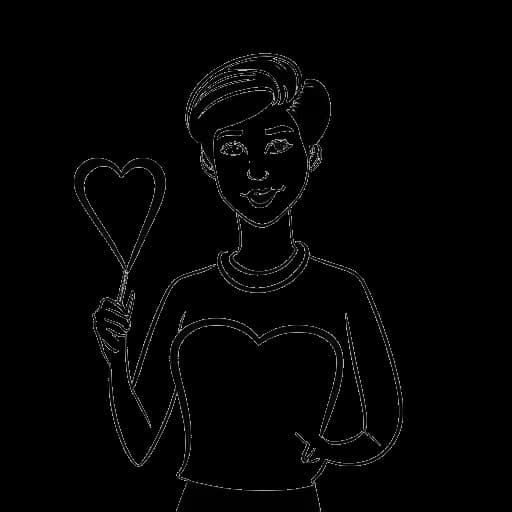 Dibujo de línea de una mujer, representando a Iilluminaughtii (Blair Zon), sosteniendo una pancarta con un símbolo de corazón, en un fondo blanco