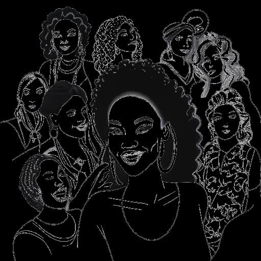 Un dibujo de línea artística de una mujer que representa a McKinley Richardson mostrando diversos talentos desde porrista hasta música, pasando a una carrera digital y explorando concursos de belleza y creación de contenido exclusivo en OnlyFans sobre un fondo blanco.