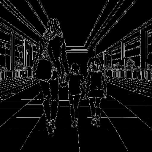 Desenho de arte linear de McKinley Richardson com crianças em um shopping, representando seu amor pelas crianças.
