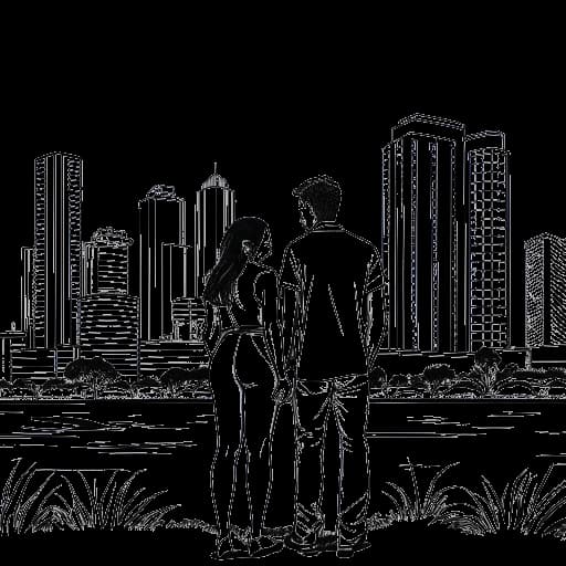 Desenho de arte linear de McKinley Richardson com seu namorado Jack, representando a vida deles em Miami, Flórida.