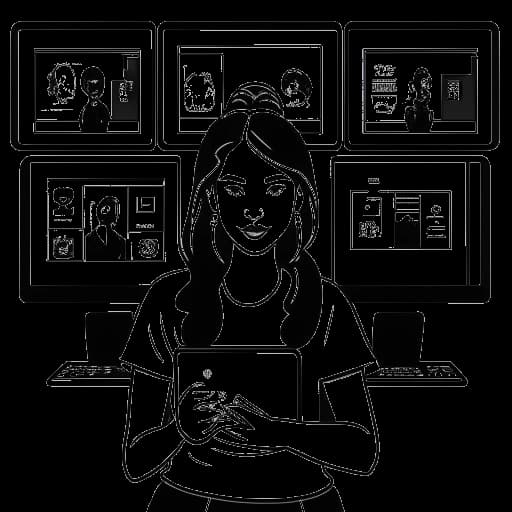 Desenho de arte linear de McKinley Richardson cercada por telas mostrando seus números de seguidores no TikTok, Instagram e YouTube.