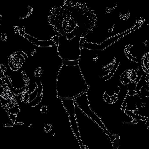 Desenho de arte linear de McKinley Richardson dançando, cercada por citações motivacionais e risos, representando seu conteúdo diversificado no TikTok.