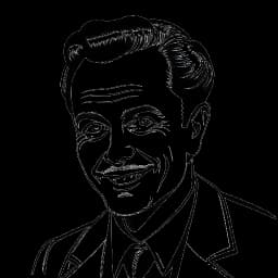 Dibujo en arte lineal de un hombre interpretando a Jim Moriarty, con una sonrisa maliciosa y ojos traviesos.