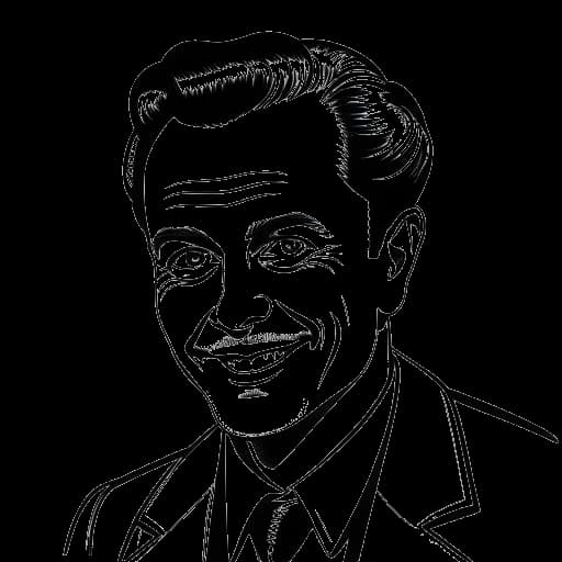 Dibujo en arte lineal de un hombre interpretando a Jim Moriarty, con una sonrisa maliciosa y ojos traviesos.