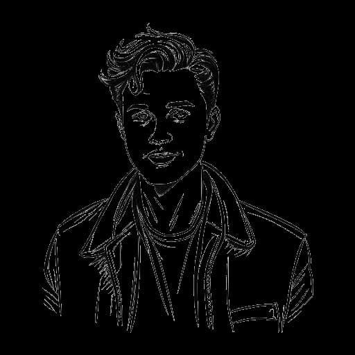 Desenho de arte de linha de um jovem, representando Andrew Scott, mudando-se para Londres para seguir sua carreira de ator