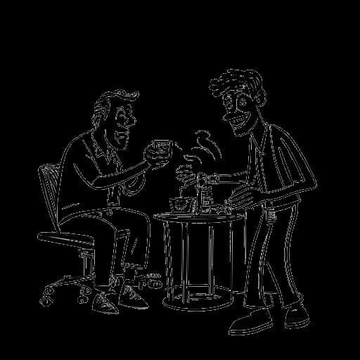 Desenho de arte de linha de dois homens, representando Andrew Scott e Benedict Cumberbatch, pregando peças em um set de filmagem