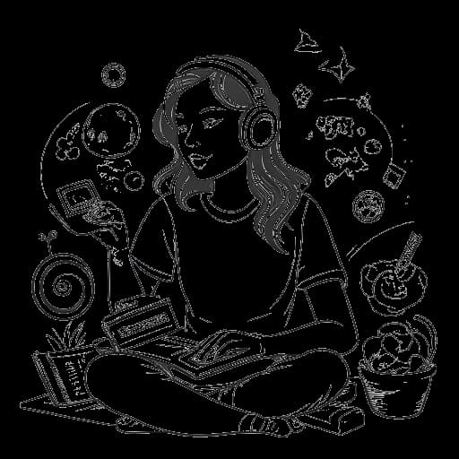 Dessin en ligne d'une femme, symbolisant Pokimane, impliquée dans le jeu, le contenu ASMR, des collaborations avec des personnalités de haut niveau, et des efforts d'engagement civique. L'atmosphère animée qui l'entoure témoigne de ses contributions polyvalentes, sur fond blanc.