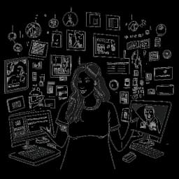 Dessin en ligne d'une femme, représentant Pokimane, entourée d'écrans numériques affichant ses succès et ses activités de diffusion en continu. Son assurance reflète son impact durable dans le domaine de la diffusion en continu, sur fond blanc.