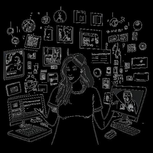 Dessin en ligne d'une femme, représentant Pokimane, entourée d'écrans numériques affichant ses succès et ses activités de diffusion en continu. Son assurance reflète son impact durable dans le domaine de la diffusion en continu, sur fond blanc.