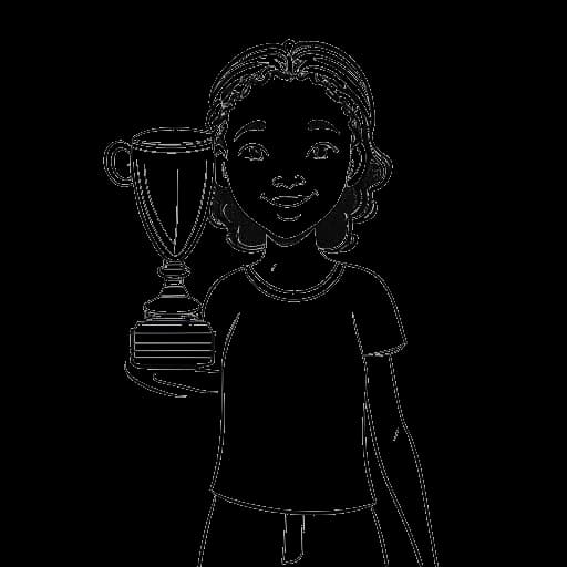 Line art drawing of a girl holding a trophy, representing Imane Anys, on a white background