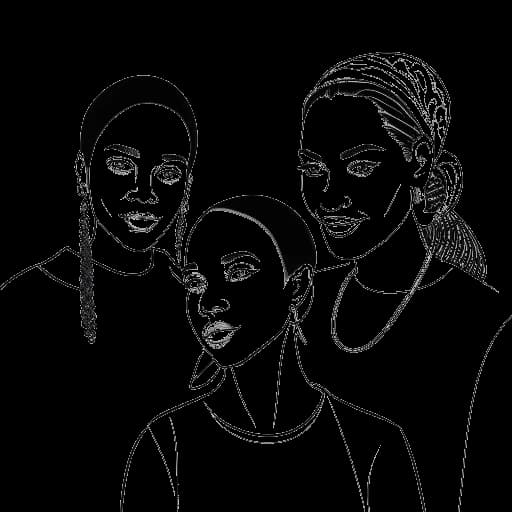Line art drawing of a girl working with two women, representing Imane Anys, Alexandria Ocasio-Cortez, and Ilhan Omar, on a white background