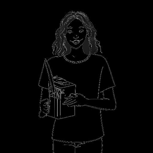 Line art drawing of a girl holding merchandise, representing Imane Anys, on a white background
