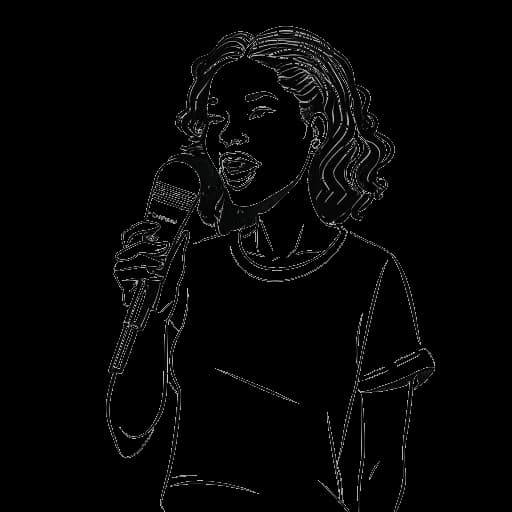 Line art drawing of a girl holding a microphone and a textbook, representing Imane Anys, on a white background