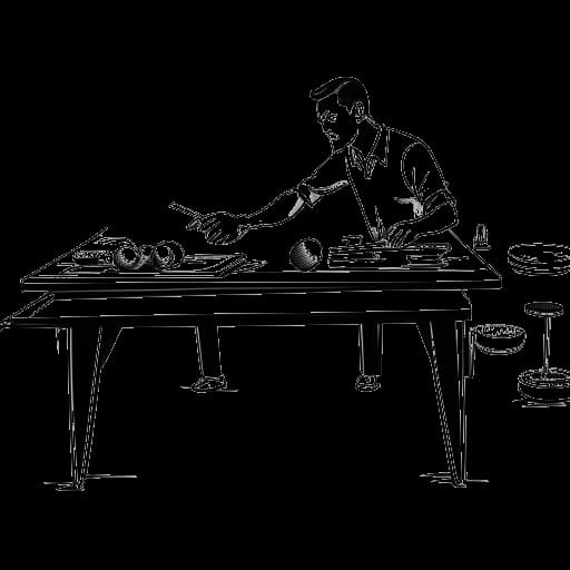 Uma representação básica por meio de um desenho de um homem que representa Olaf Scholz, participando de atividades de lazer como tênis de mesa e trens modelo, com um estilo de liderança distinto refletido em sua aparência sem gravata.