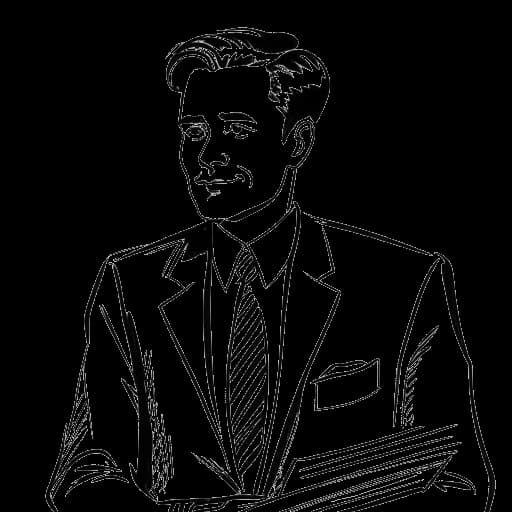 Um desenho minimalista de um homem representando Olaf Scholz, nascido no final da década de 1950, envolvido em atividades políticas desde jovem, tornando-se eventualmente o Primeiro Prefeito de uma cidade.