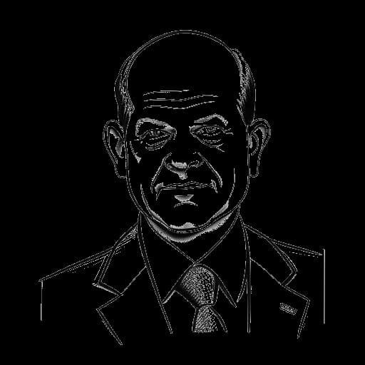 Dibujo de arte lineal de un hombre, representando a Olaf Scholz, inmerso en tareas políticas, documentación financiera e interacciones económicas globales, situado sobre un fondo blanco.