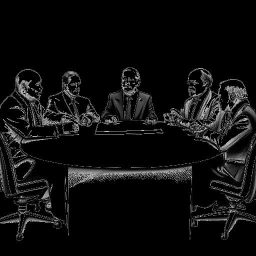 Dibujo de arte lineal de Olaf Scholz, participando en discusiones con prominentes figuras políticas de Alemania Oriental