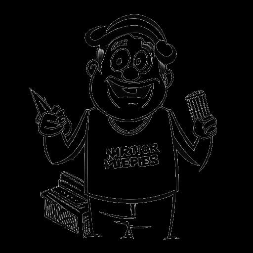 Strichzeichnung von MrTrashpack, die seine Vielseitigkeit zeigt, während er die Show "Movie Roundup" moderiert, vor einem weißen Hintergrund.