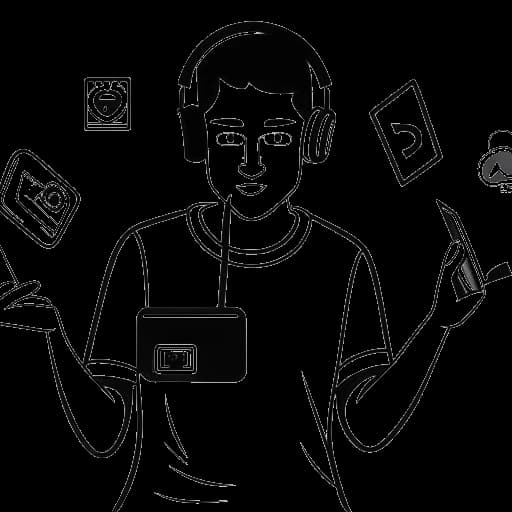 Strichzeichnung eines Mannes, der MrTrashpack darstellt, mit einem Headset und einem YouTube-Play-Button sowie Dollar-Scheinen in der Hand. Im Hintergrund sind YouTube-Logos und TikTok-Symbole gegen einen weißen Hintergrund zu sehen.