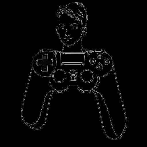 Strichzeichnung von MrTrashpack, ein Mann mit frühem Interesse am Gaming, der einen Videospielcontroller hält. Ein YouTube-Logo ist im Hintergrund sichtbar.