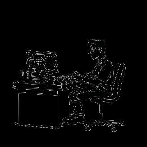 Strichzeichnung von MrTrashpack, ein Mann, der an einem Schreibtisch sitzt, mit einem Computer, auf dem 'NUKLEAR U-BOOT' steht.